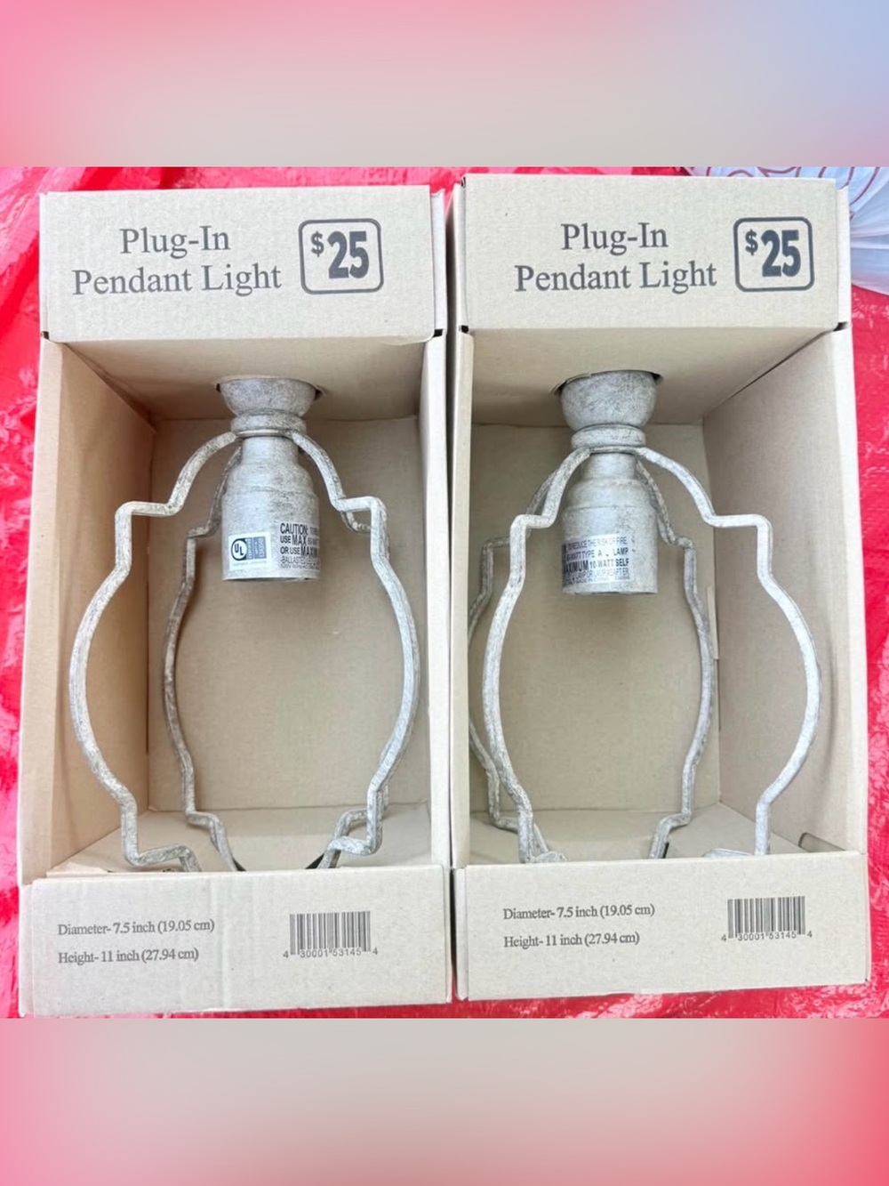 Rustic Farmhouse Metal Plug-In Pendant Light – White Wash (Set of 2)- NIB